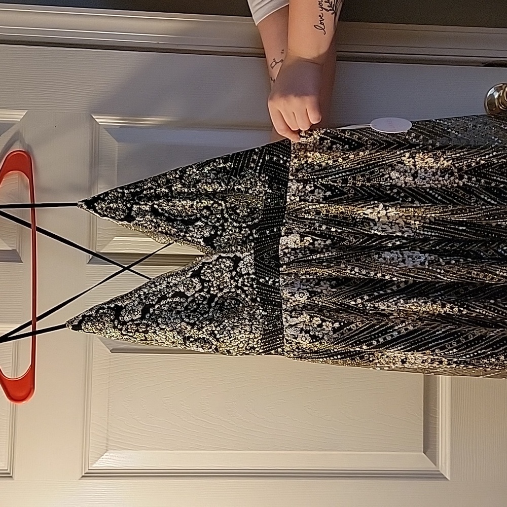 Luxxel Black and Gold Sequin Prom Dress